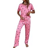 WDIRARA Women's Sleepwear 2 Piece Pajamas Heart Print Short Sleeve Tee and Pants Lounge Set