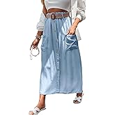 loveimgs Women Summer Elastic Waist Flowy Tencel Denim Maxi Skirt A Line Button Ruffle Cargo Long Jean Skirt Boho Lightweight