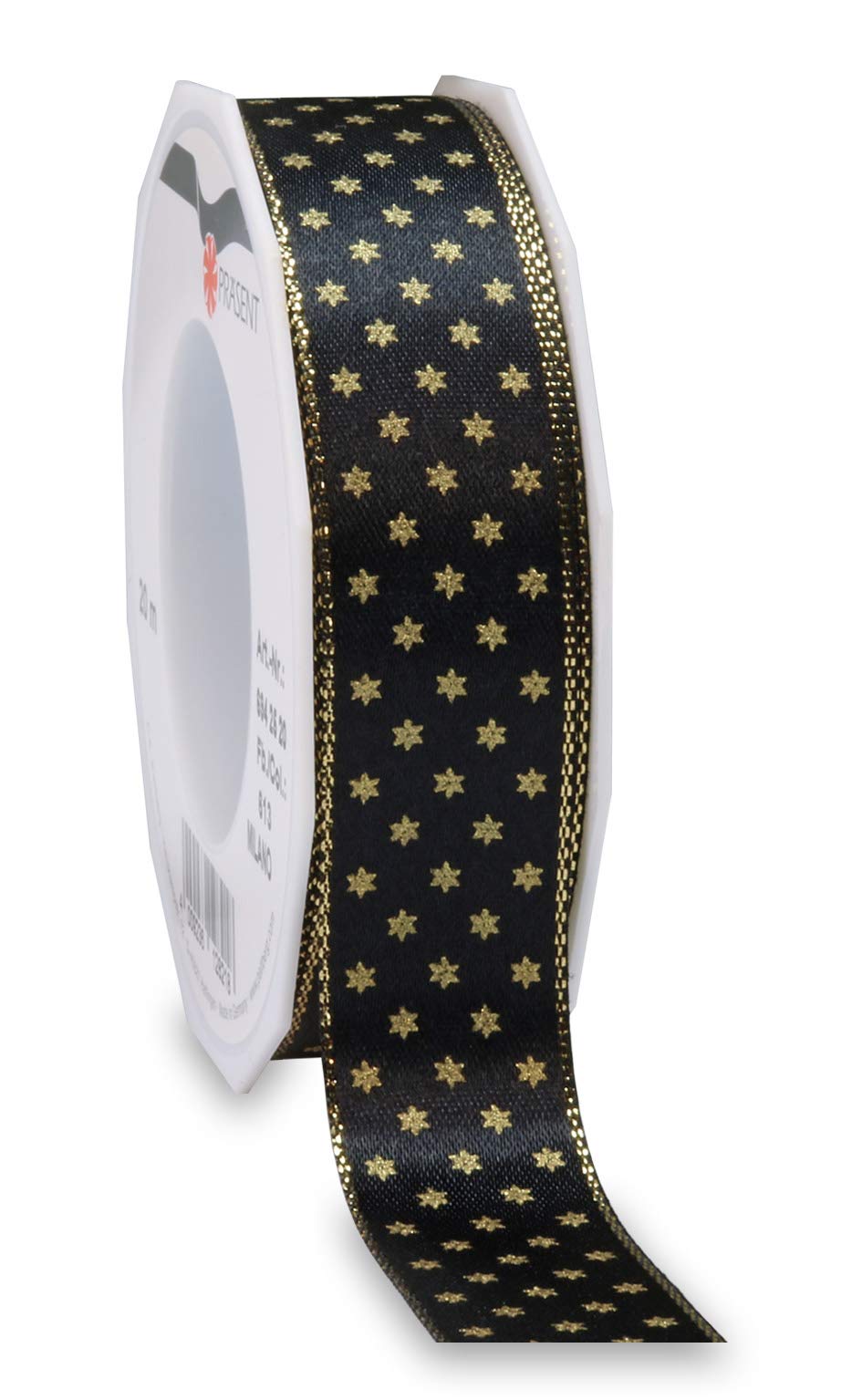 Präsent - Milano Printed Satin Ribbon Black-Gold 20-m-Roll 25 mm width