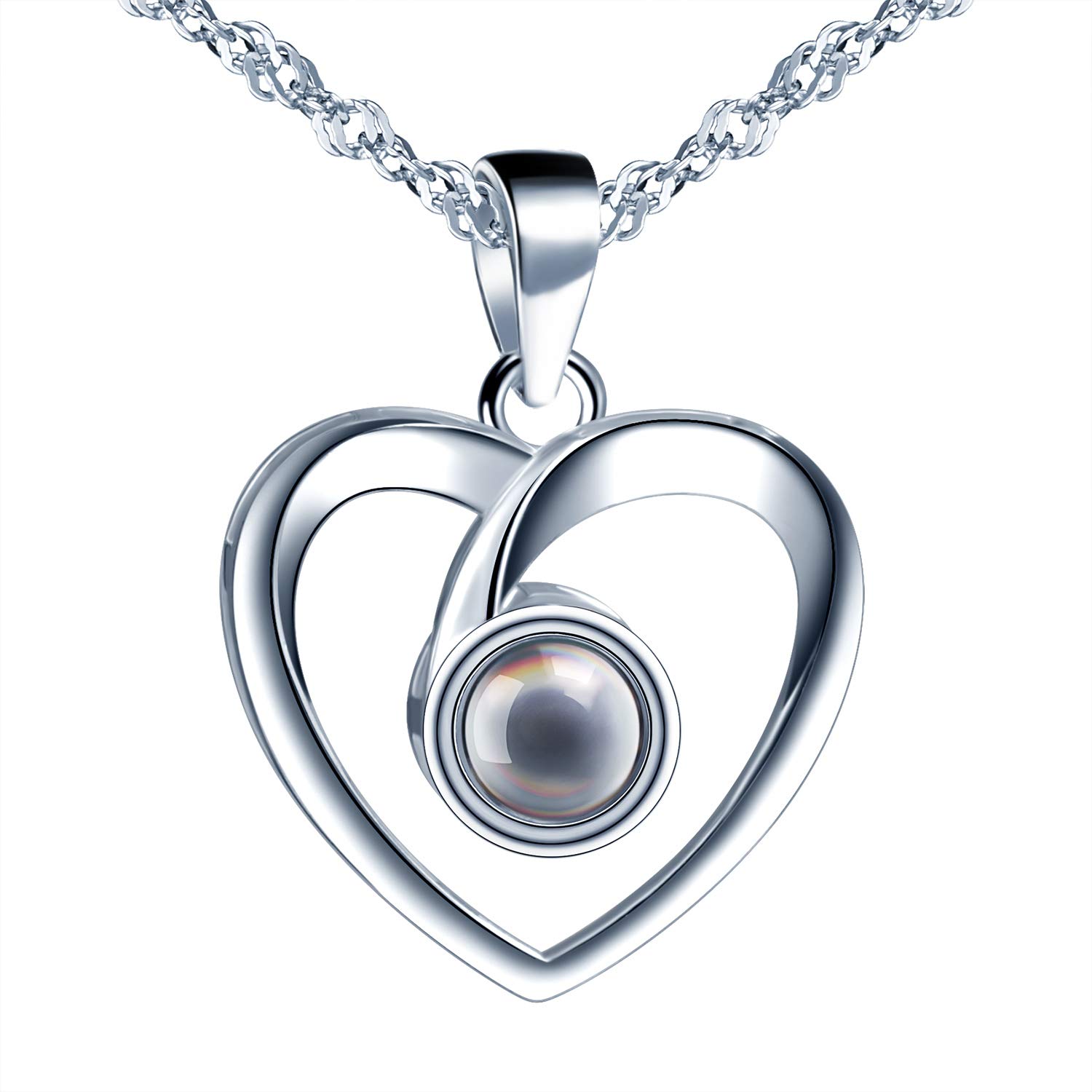 925 Sterling Silver Love Heart Necklace 100 Language I Love You Pendant with Cubic Zirconia Women Necklace