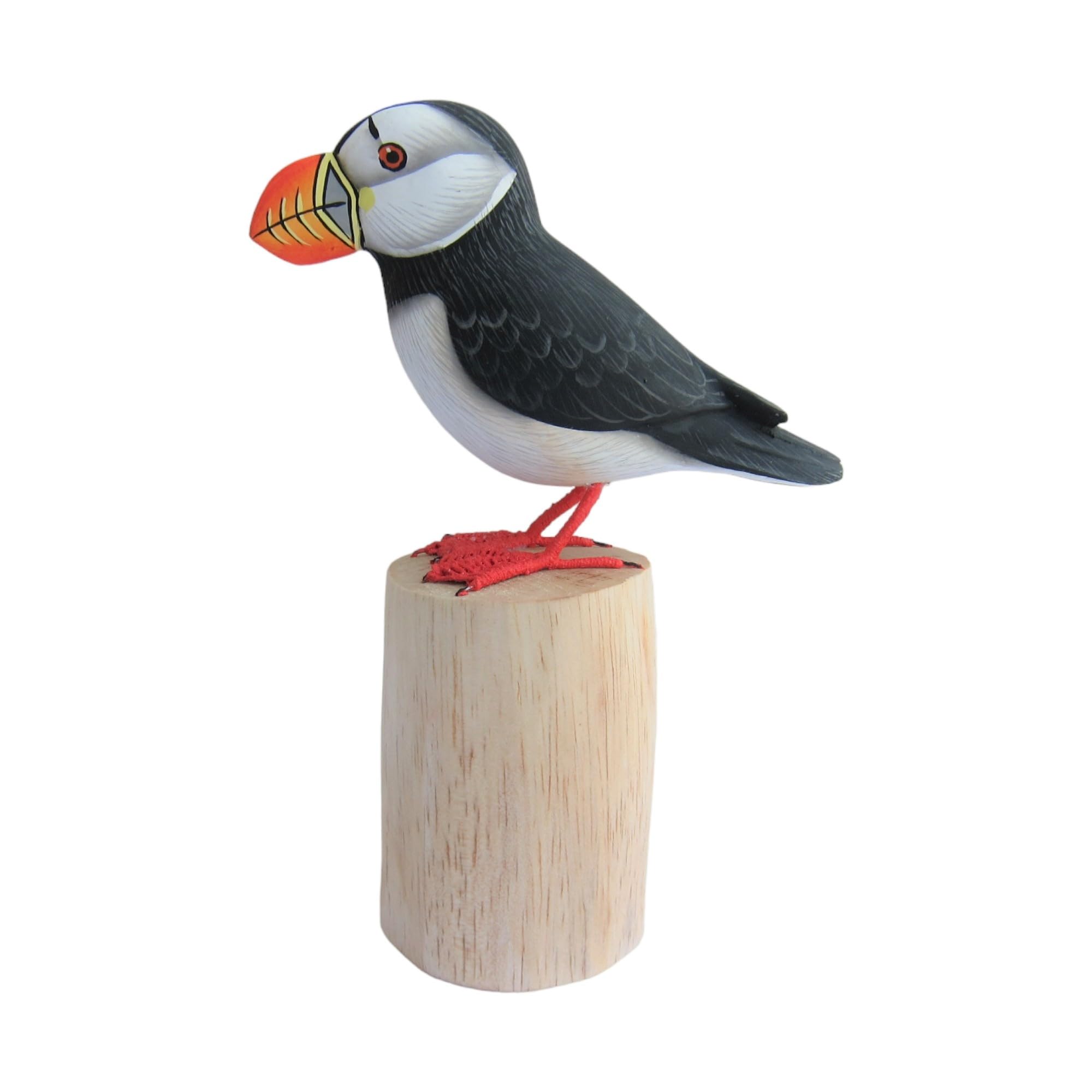Brave Wings Hand Carved Wooden Bird ~ Puffin on Tree Stump 19 cm High ~ OOAK Ornament Sculpture Figurine Statue Unique Table Decoration Home Decor Gift for Christmas and Birthdays ~ 4197
