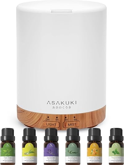 ASAKUKI 300ml Essential Oil Diffuser & 6 Essential Oils Set