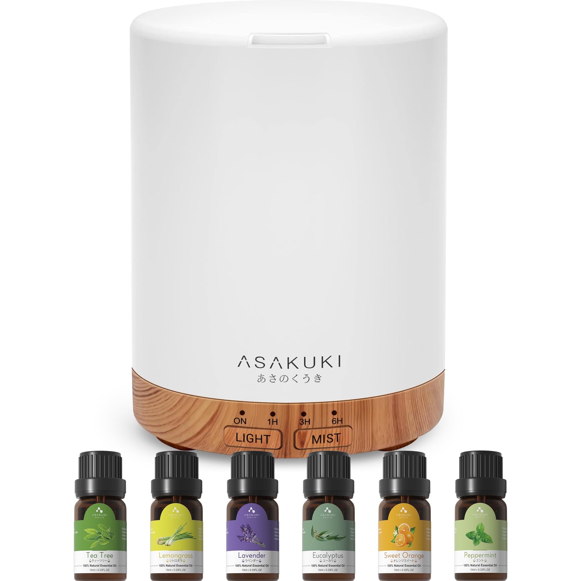 ASAKUKI Diffuser 300ml with 6x10ml Essential Oils Set, Essential Oil Diffuser Ultra-Quiet with 7 Colour Lights, Auto Shut-Off for Home Bedroom Office, Ultrasonic Cool Mist Aroma Diffuser Gift for Mom