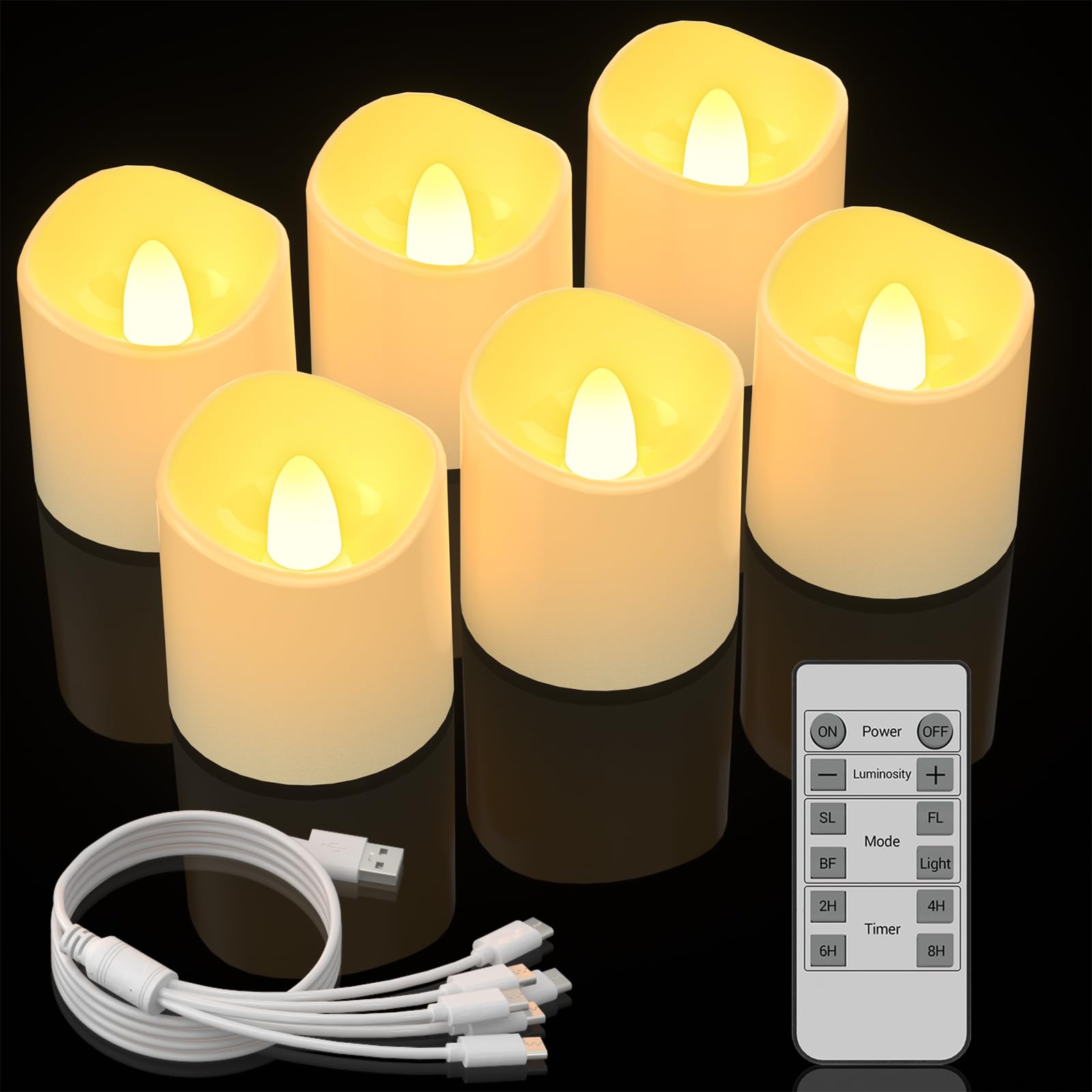 Ymenow Rechargeable LED Tea Lights Candles with Timer Remote Control, 6pcs USB Flameless Tealights Candles Flickering Battery Operated for Home Room Wedding Christmas Halloween Decor