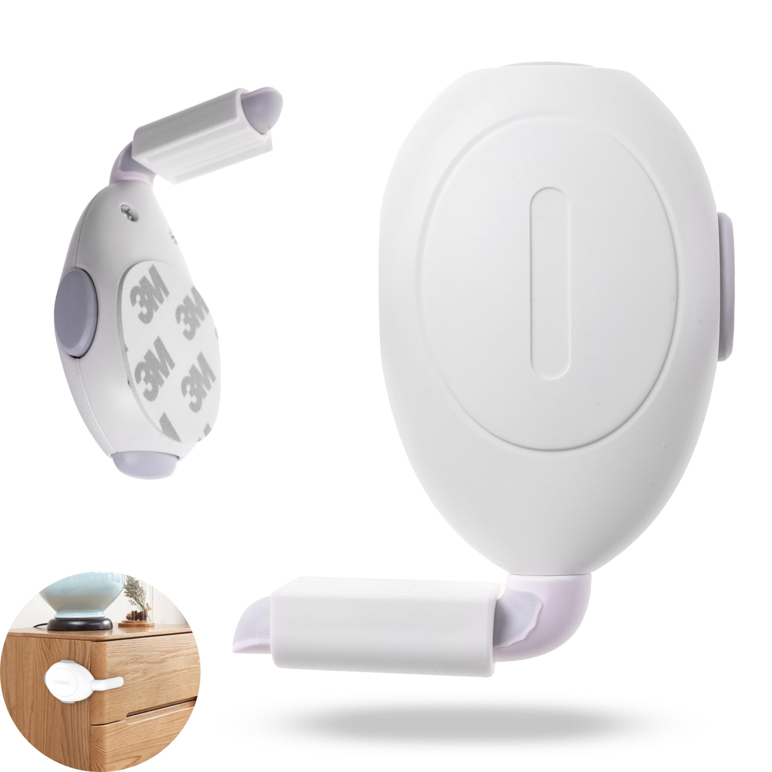 Drawer Child Safety Catch, 2 Pieces, for Gluing, in White, for max. 0.98 inch Distance Between Door Leaf and Frame, Baby Safety Catch for chests of Drawers and Drawers, Three-Push-Button Safety Catch