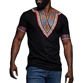 Makkrom Mens African Dashiki T Shirt Tribal Floral Print V Neck Slim Fit Shirts Tops