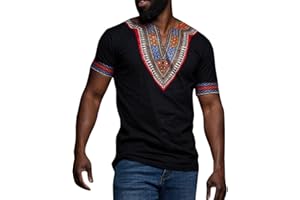 Makkrom Mens African Dashiki T Shirt Tribal Floral Print V Neck Slim Fit Shirts Tops