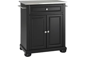 Crosley Furniture Alexandria Stainless Steel Top Small Rolling Kitchen Island Storage Cart, Microwave Stand, Black