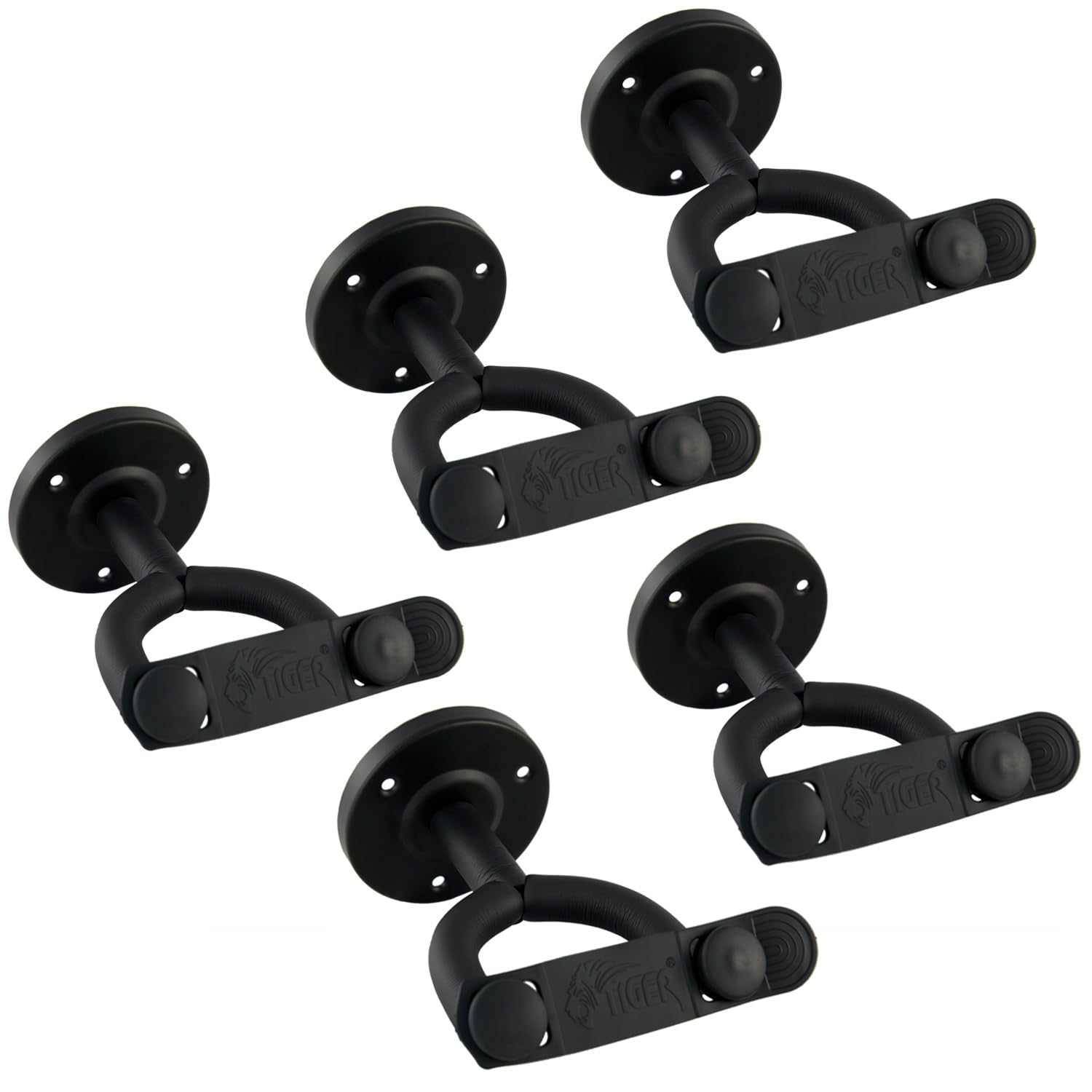 TIGER GST42-5-BK Guitar Wall Hangers - Secure Wall Mount Hook with Optional Securing Strap - Pack of 5