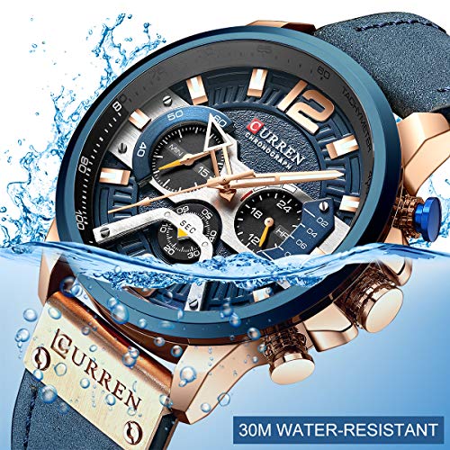 Men’s Sport Chronograph Wristwatch Military Casual Waterproof Blue Leather Watch for Men with Date Display …