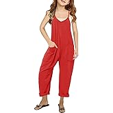 Cnkwei Girls' Casual Sleeveless Jumpsuits Spaghetti Strap Loose Romper Long Pants with Pockets