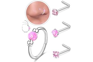 AMASIS 4PCS Stainless Steel Nose Rings Set for Women Men,Hypoallergenic 20G L-Shaped Nose Studs 18G Pink Opal Hinged Small Silver Hoops for Nostril Septum Cartilage Helix Rook 2nd/3rd Earlobe Lip Piercings