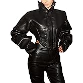 YOUFE Women Faux Leather Jacket Retro Zip Up Motorcycle Long Sleeve Crop Bomber Jacket Y2K Irregular Leather Coat Streetwear