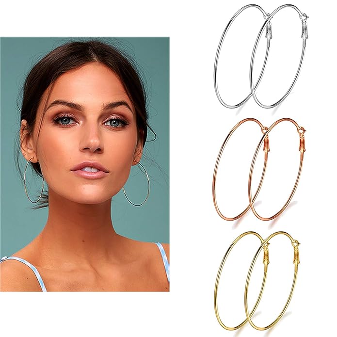 3 Pairs Big Hoop Earrings, 60mm Stainless Steel Hoop Earrings in Gold Plated Rose Gold Plated Silver for Women Girls (60mm)