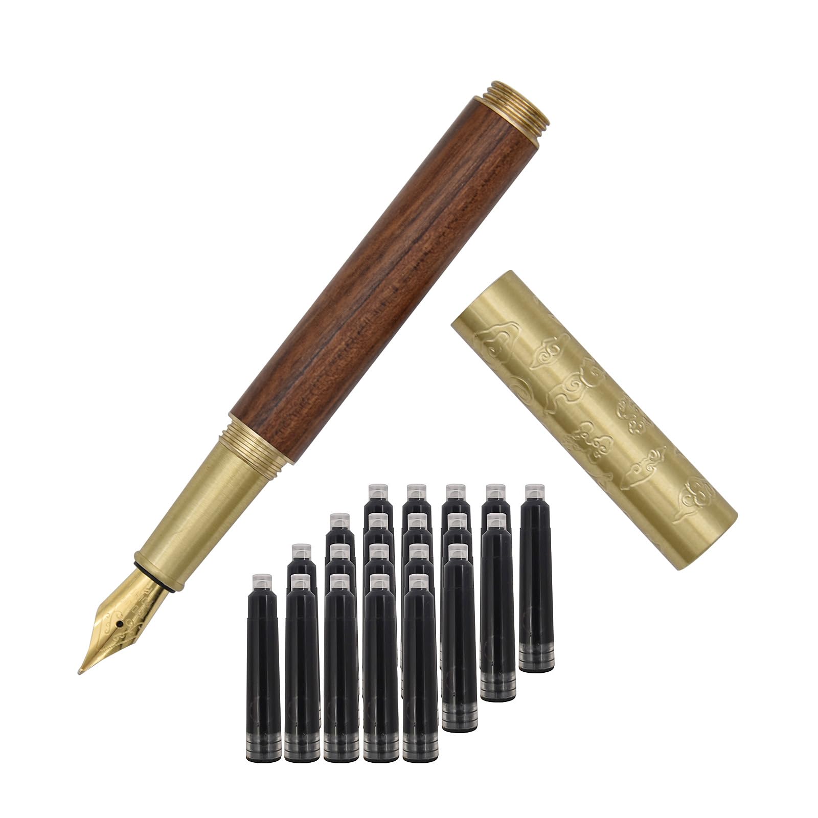 SIPLIV Handcrafted Auspicious Clouds Patterned Brass Wooden Fountain Pen Short Paragraph (101mm) Pocket Mini Travel Pen with 20 Pcs Black Ink Cartridges - Brown Stripes