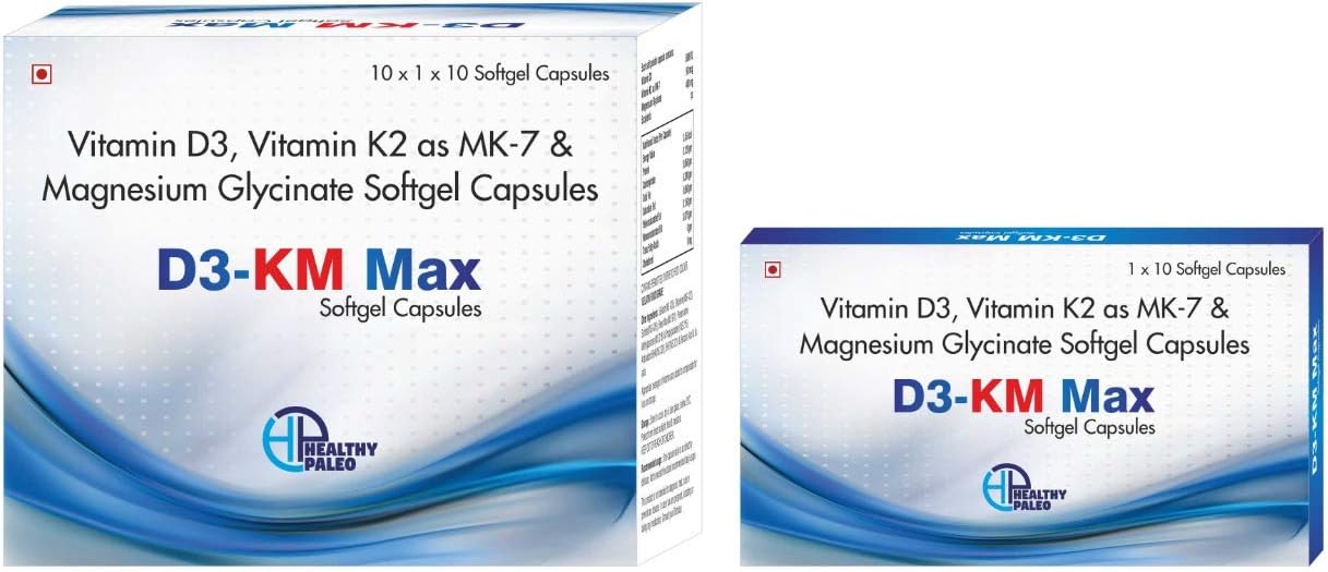 Healthy Paleo D3-KM Max- Vit D3 5000IU+ Vit K2 MK7 90mcg + Magnesium Glycinate 400mg (Pack of 30 Capsules) all in one single capsule to BE HEALTHYwith good immunity and bone strength