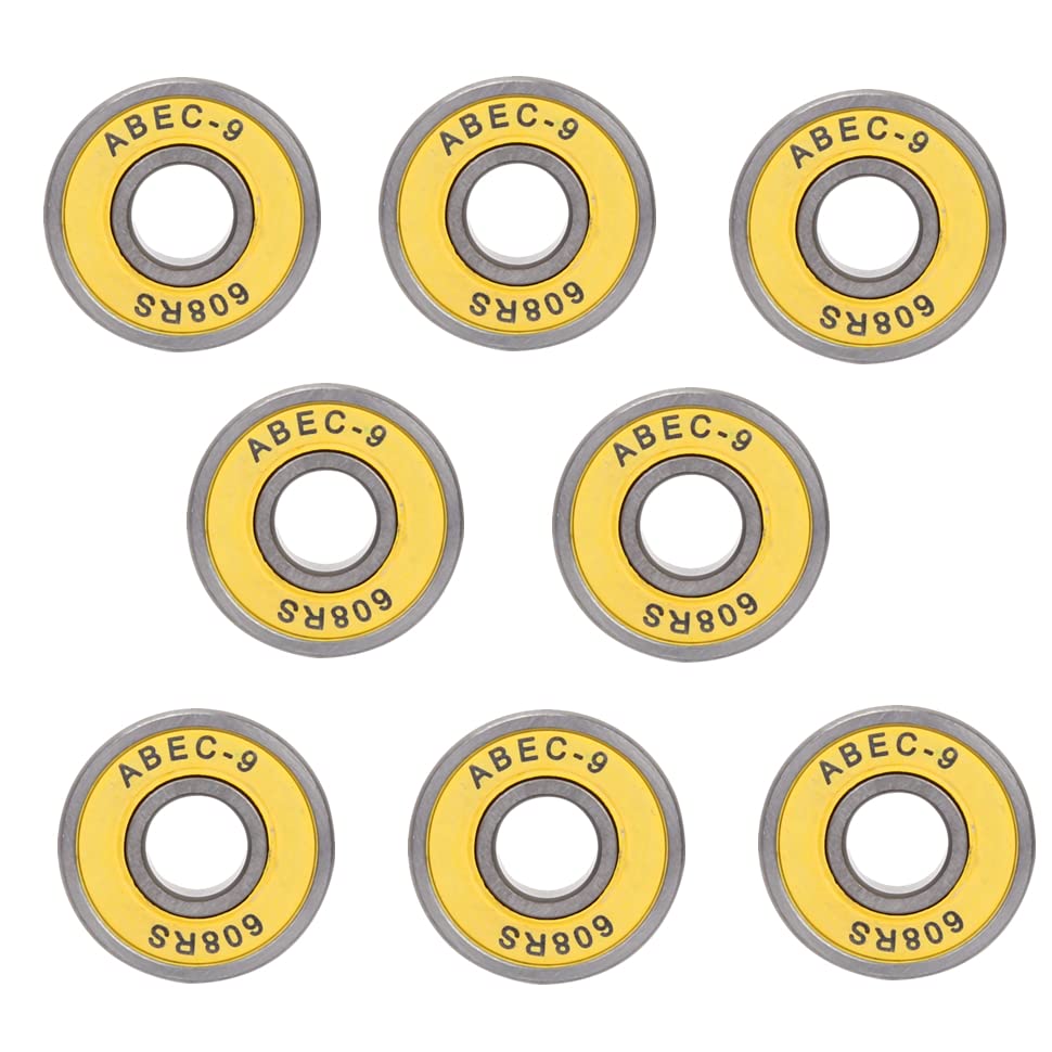 Alomejor Skate Roller Bearing 8 Pcs Longboard Roller Skate Bearings 608 Ball Bearings for skateboards Inline Skating Scooter (Yellow 9)