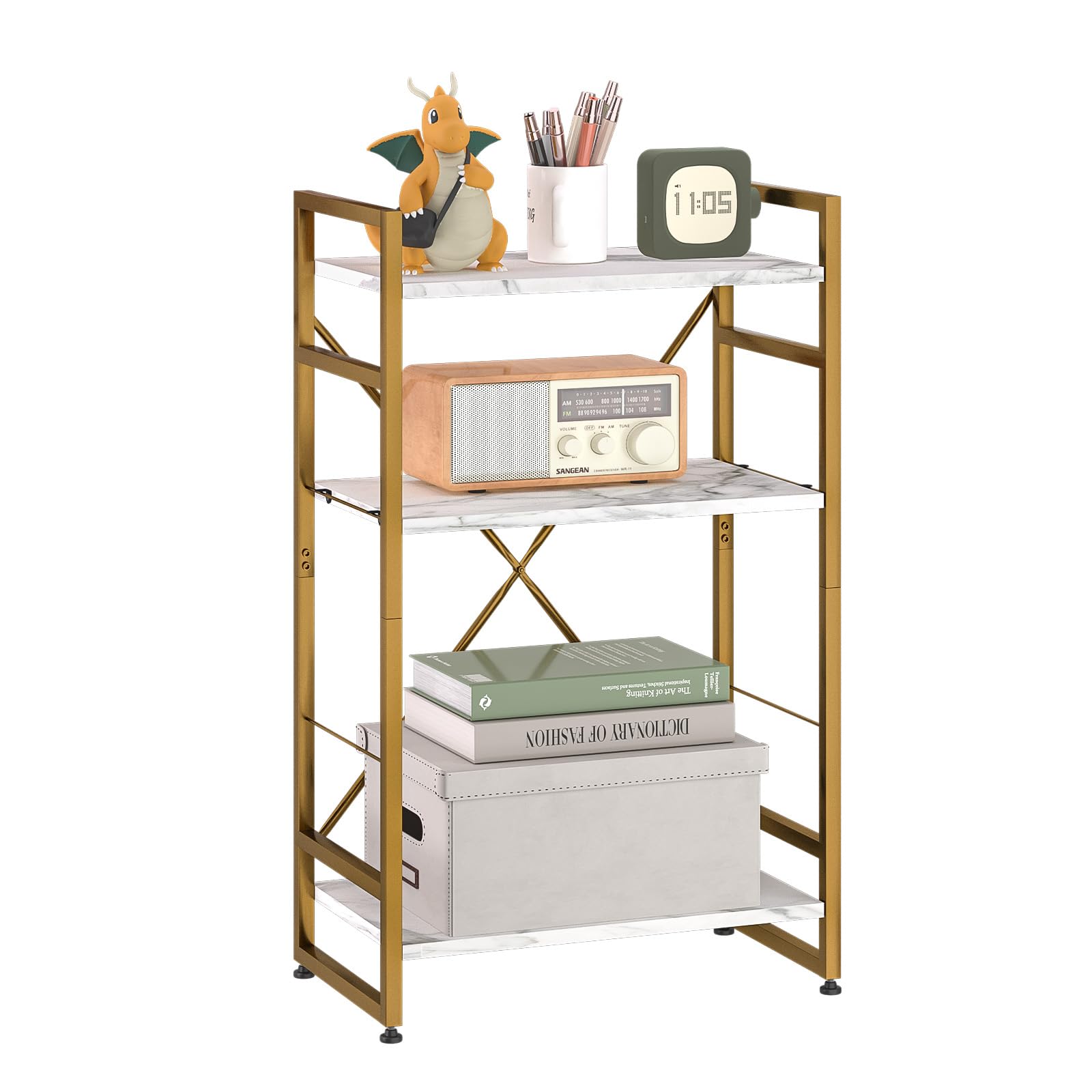 Photo 1 of Azheruol Bookshelf Organizer,3 Tiers Adjustable White Faux Marble Small Bookcase for Small Space,Industrial Wooden Storage Bookcase Display Rack and Storage Organizer for Living Room Home Office(Glod