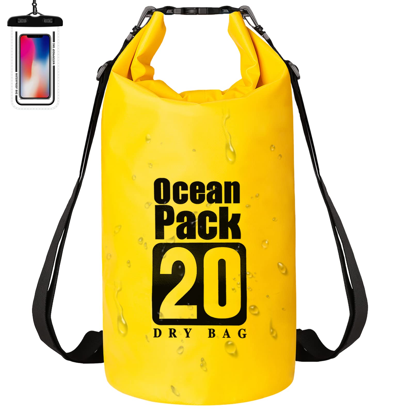 Yearnlife Dry Bag 20L Waterproof Dry Sack Roll Top with Phone Case and Adjustable Shoulder Strap for Kayaking/Boating/Canoeing/Fishing/Rafting/Swimming/Camping/Snowboarding
