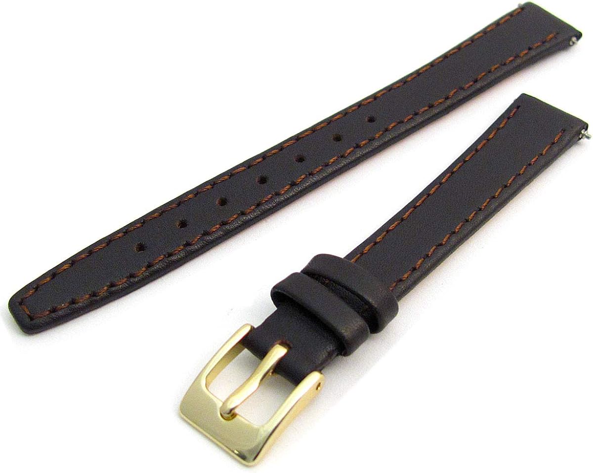 WatchWatchWatch Smooth Stitched Ladies' Leather Watch Strap 13mm Brown Gold Buckle C088 Amazon