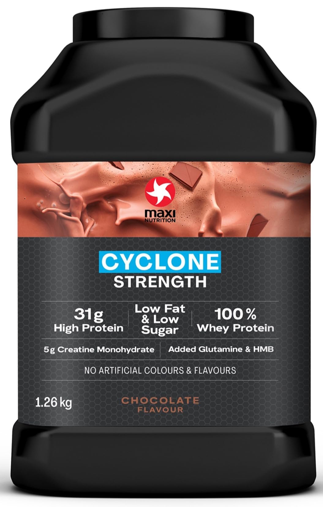 MaxiNutrition - Cyclone, Chocolate - Premium Whey Protein Powder with Added Creatine – Low in Sugar and Fat, Vegetarian-Friendly - 31g Protein, 1.26kg. NO Artificial Colours OR Flavours