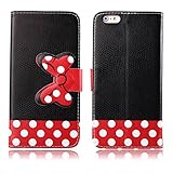 Yakamoz Lovely Cute Black Red Bow Bowkot Polka Dot Leather Flip Wallet Stand Case with Card Slots for Apple iPhone 6 Plus 5.5