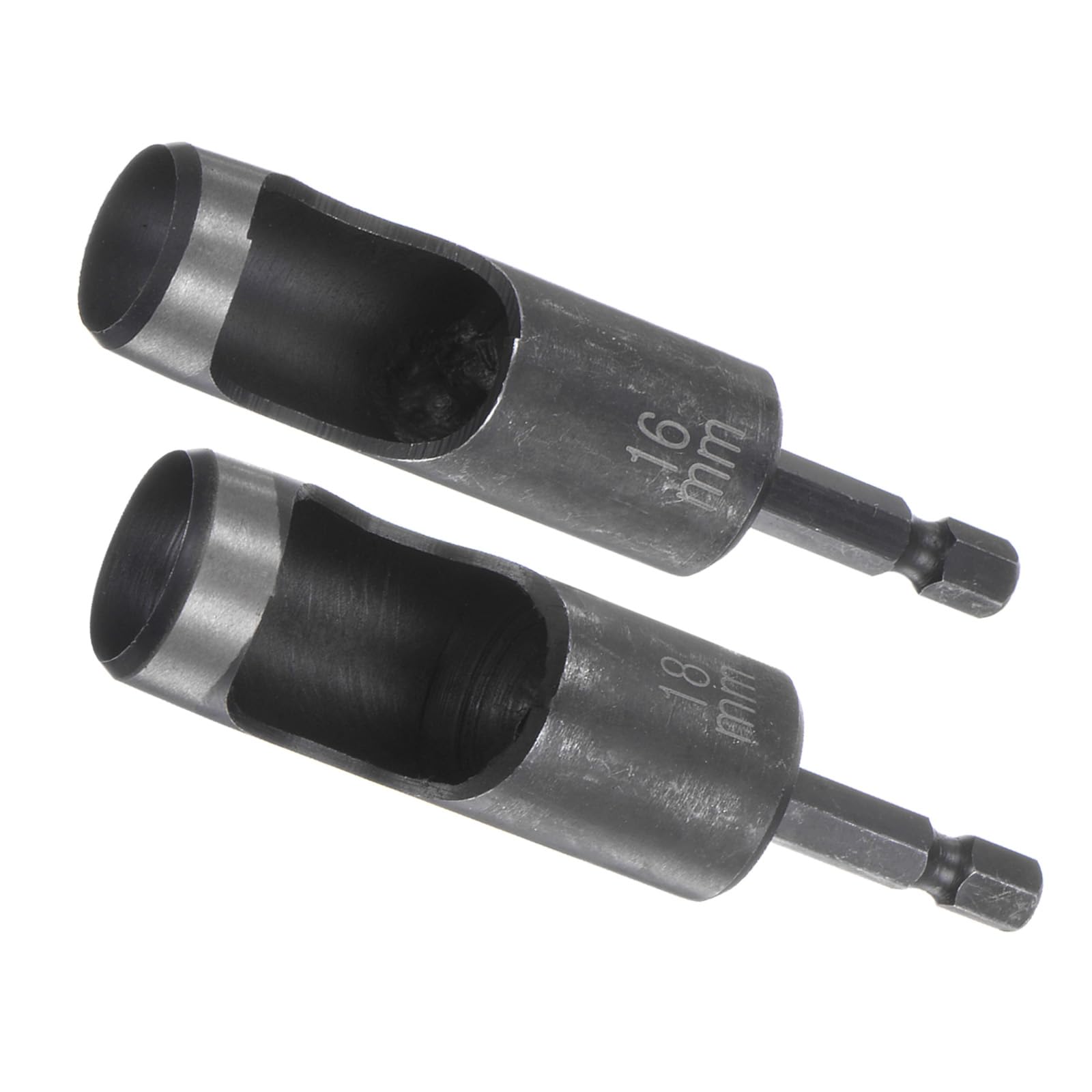 Kozelo 2pcs Leather Hole Punch Tool - [16/18mm x 1/4" Shank] Extension Hex Shank Drill Bit High-Carbon Steel Rotary Hollow Puncher for Fabric Leathercraft Belts Use, 151mm Length
