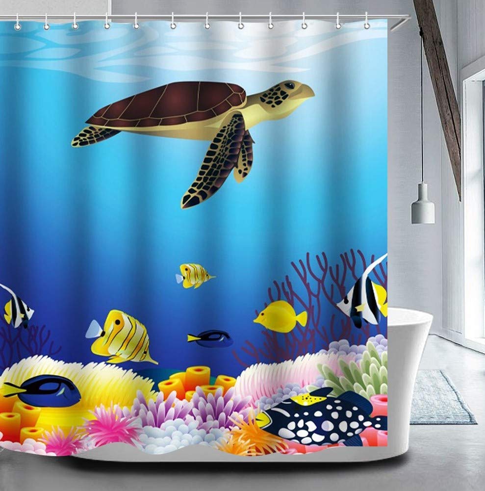 True Holiday Shower Curtain Fabric Polyester Waterproof Mildew Resistant Antibacterial Shower Curtain Liner with 12 Curtain Hooks 180cm*180cm Underwater world