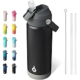 BJPKPK Insulated Water Bottle with Straw Lid, 18oz Thermo Water Bottles with Soft Nozzle, Flex Handle & Non-slip Boot, BPA Free Leak Proof Stainless Steel Metal Thermo, Tumblers, Cups,Black