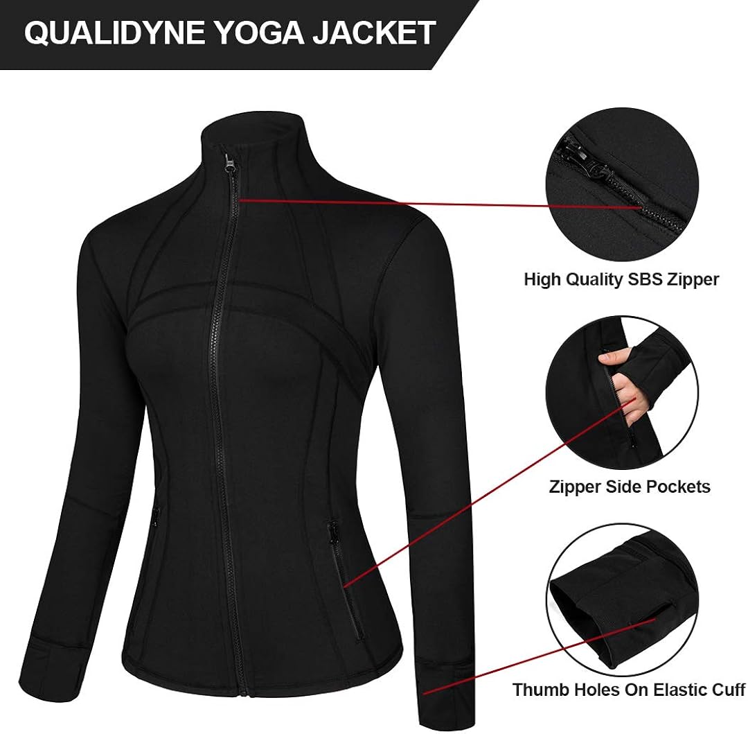 qualidyne Womens Sports Running Yoga Jacket Slim Fit Full Zip Track Jacket Turtleneck Workout Jacket: Clothing