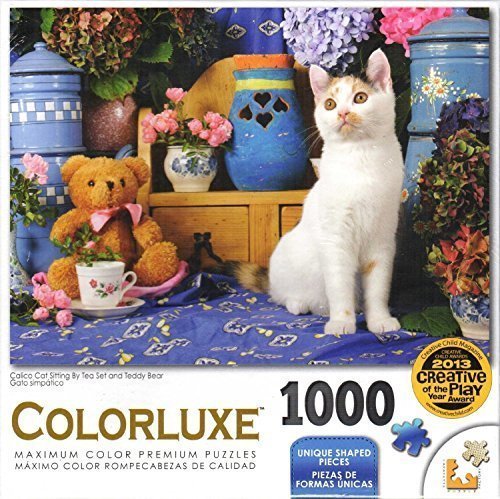 Colorluxe 1000 Piece Puzzle - Calico Cat Sitting By Tea Set and Teddy Bear By Jean-Michel Sotto