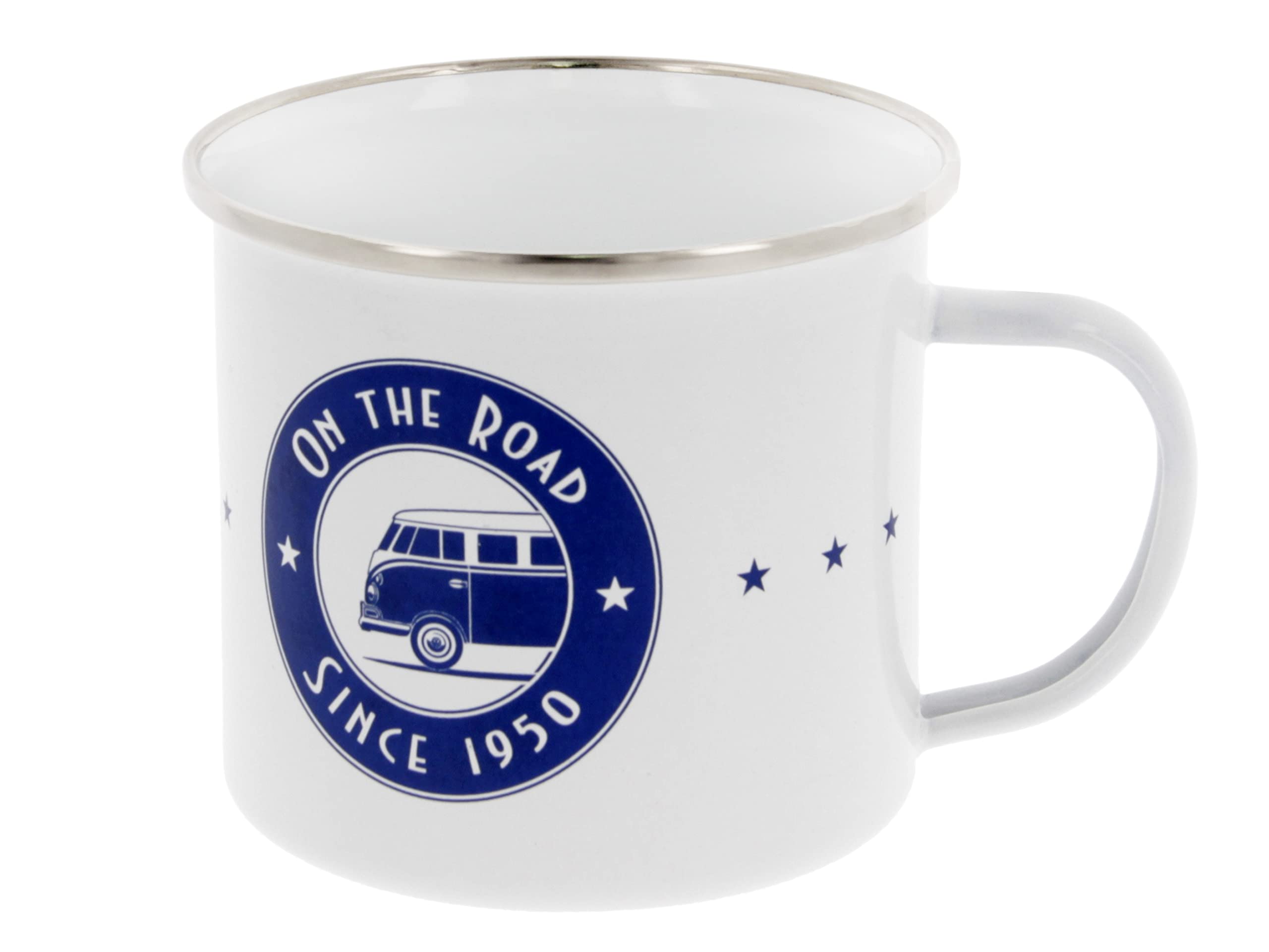 BRISA VW Collection - Volkswagen Large Enamel Coffee-Tea Mug Cup for Camping & Outdoor T1 Bus Campervan (500 ml/16.9 fl oz/On The Road/White)