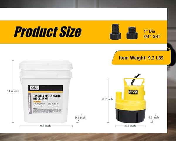 6699 TANKLESS WATER HEATER FLUSHING KIT INCLUDES 1/4HP SUBMERSIBLE SUMP PUMP WITH TWO ADAPTERS & 3 GALLONS PAIL WITH BUCKET LID OPENER & TWO 1/2” DIA X 6’ PVC HOSES WITH WASHERS