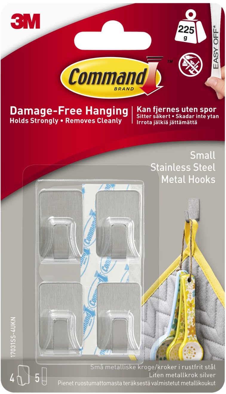 Command Small Stainless Steel Metal Hooks - 4 Hooks, 5 Adhesive Strips - Damage Free Hanging for Wall and Door