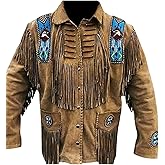 MATARTS Suede Leather Jacket for Men's Western Cowboy Native American Brown Fringe Beaded Coat Outerwear