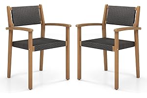 Giantex Stackable Outdoor Wicker Dining Chairs Set of 2, Rattan Armchairs w/Acacia Wood Frame, Armrests, Patio Conversation C
