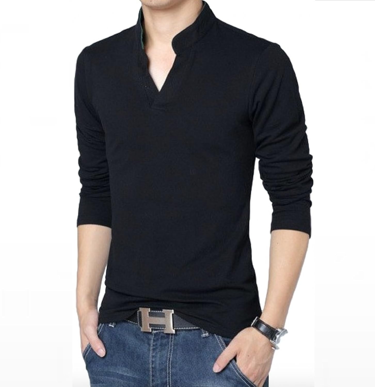 lionroar men's cotton long sleeve chinese collar polo neck t-shirt for men