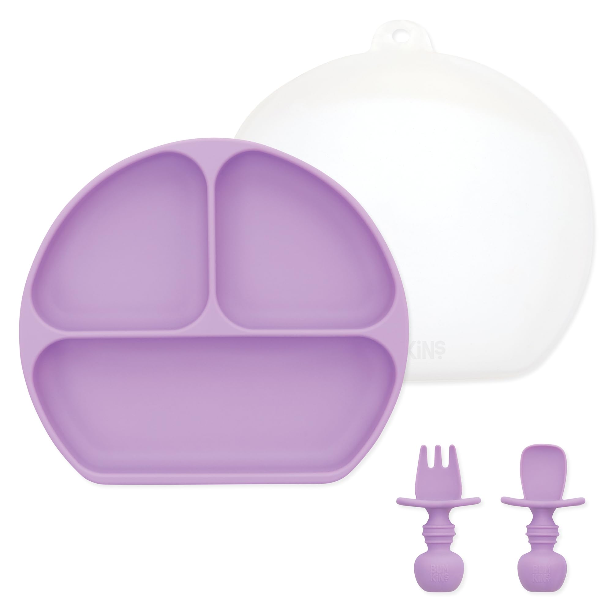 Bumkins - Silicone Grip Dish 3-Section, Training Chewtensils & Lid - For Ages 6 Months+ - Suction Base - 100% Food-Safe Silicone - Oven, Microwave, Freezer, & Dishwasher Safe - Purple Image
