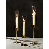NUPTIO Candlestick Holders for Table Centerpiece: Set of 3 Gold Candle Sticks Holder with Clear Glass Hurricane - Tall Brass Taper Candle Holders for Outdoor Wedding Birthday Decor