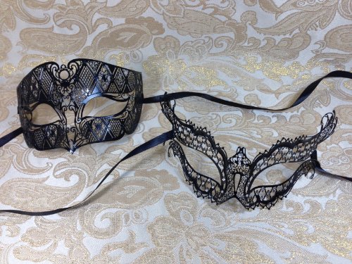 His & Hers Masquerade Couples Venetian Design Masks - 2 Piece Black Colored Set Metal Mask - Perfect Phantom Couple Mardi Gras Queen Party Halloween Ball Prom by Bk