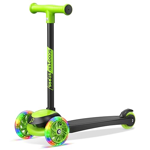 3 Wheel Scooter for Kids, Smooth Light Up LED Front Wheels, Wide Anti Slip Deck, Rear Foot Brake, Easy Lean to Steer Maneuvering, Indoor & Outdoor Ride On Toys for Ages 2 Up, Black Green Color