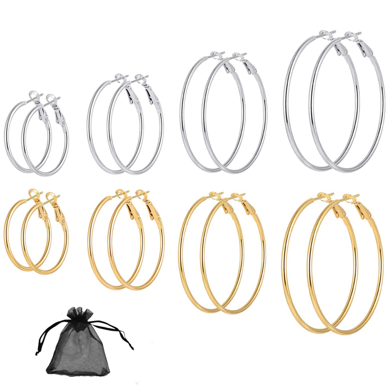 SwirlColor Hooped Earrings for Women Girls, 8 Pairs Large Looped Earings Silver Gold Elegant Personalized Gift 30mm, 40mm, 50mm, 60mm Hoop Earrings