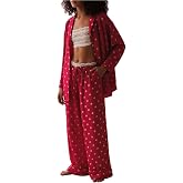 Fenghualzzniya Women Satin Pajama Sets Floral Silk Pajamas Pj Set | 2 Piece Lounge Sets, Button Down Long Sleeve Shirts and Wide Leg Pants Pjs Set, Christmas Holiday Valentine&rsquo;s Day Sleepwear