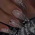 MISUD Press on Nails Long Stiletto Fake Nails Glossy Glue on Nails Goth Black Ombre Acrylic Nails Almond Artificial Nails Bling Glitter Stick on False Nails with Rhinestone Design 24pcs