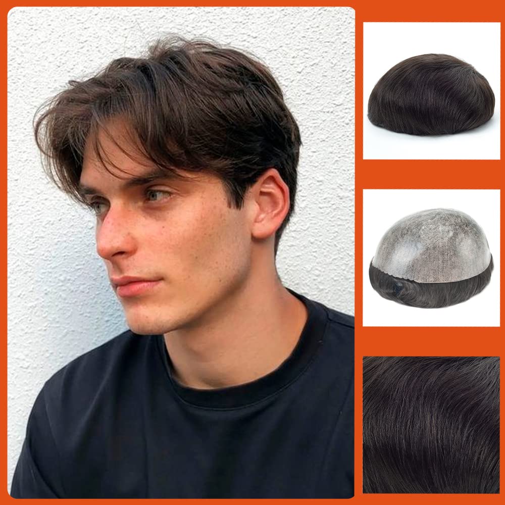 Zakya Hair System for Men Thin Skin Men's Toupee 100% Human Hair Men's Hairpieces 8x10 Inches Base Size Hair Replacement System for Men (Off Black 1B#) — image 1