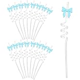 16 Pcs Blue Glitter Bow Bachelorette Straws Reusable Bow Theme Birthday Party Bachelorette Baby Shower Bridal Engagement Decorations Drinkware Tableware Tea Decor Favors