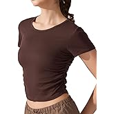 AJISAI Women Summer Soft Ribbed T-Shirts Side Ruched Short Sleeve Round Neck Tops Slim Fit Crop Basic Going Out Tees