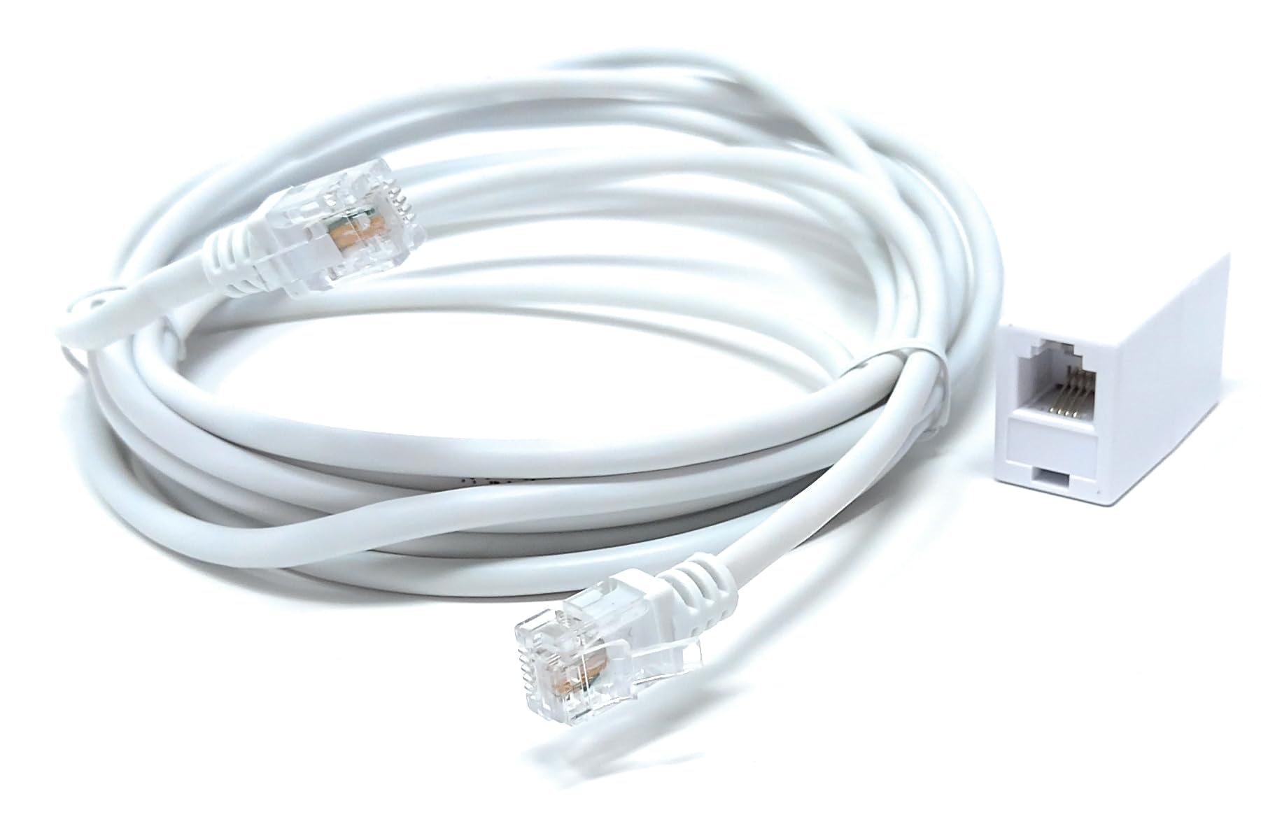 DRUT 3m RJ11 to RJ11 ADSL 2+ Male to Male Cable with Female Coupler, BT Telephone, Broadband, Modem Extension Lead, Gold Plated Connectors White 10ft