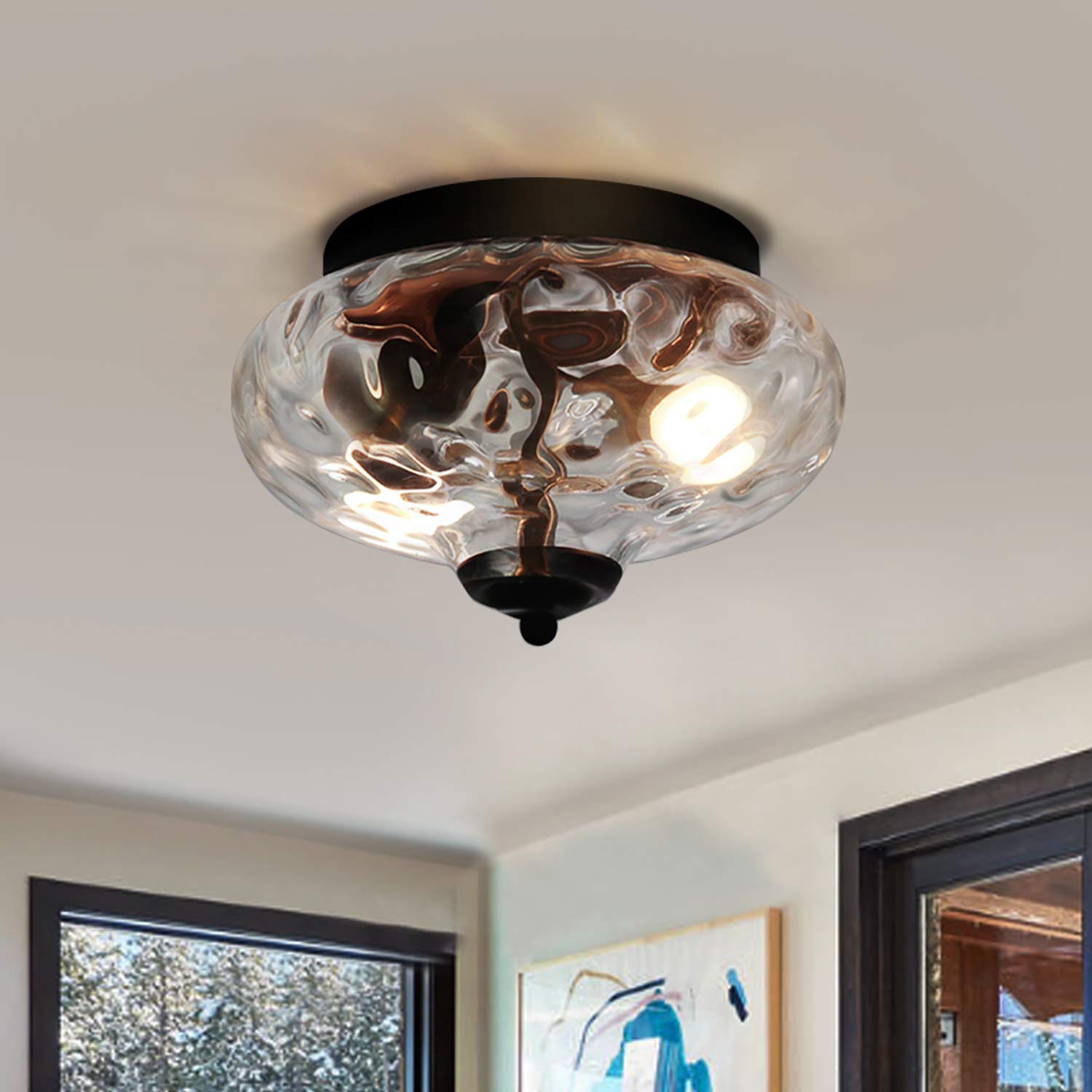 Photo 1 of EDISLIVE Modern 2-Light Hammered Glass Flush Mount Light Pendant Ceiling Light Fixture 10.2" Indoor Ceiling Light for Hallyway Foyer Bedroom(Black)