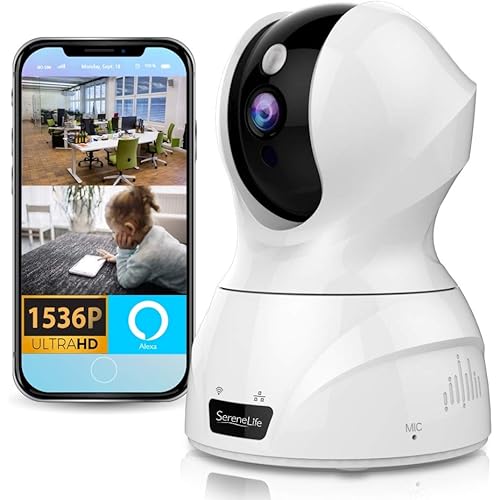 SereneLife 3MP WiFi IP Camera - HD 1536p - Smart Tracking PTZ Face Detection Alexa Compatible Wireless Home Security w/ Motion Detect, Night Vision Video - Mobile and Desktop Access - IPCAMHD50
